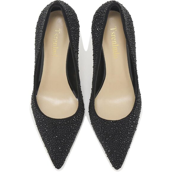 Women's Black Rhinestone Slip on Fashion Sparkly Stiletto Heels with Low Heel - Picture 3 of 5